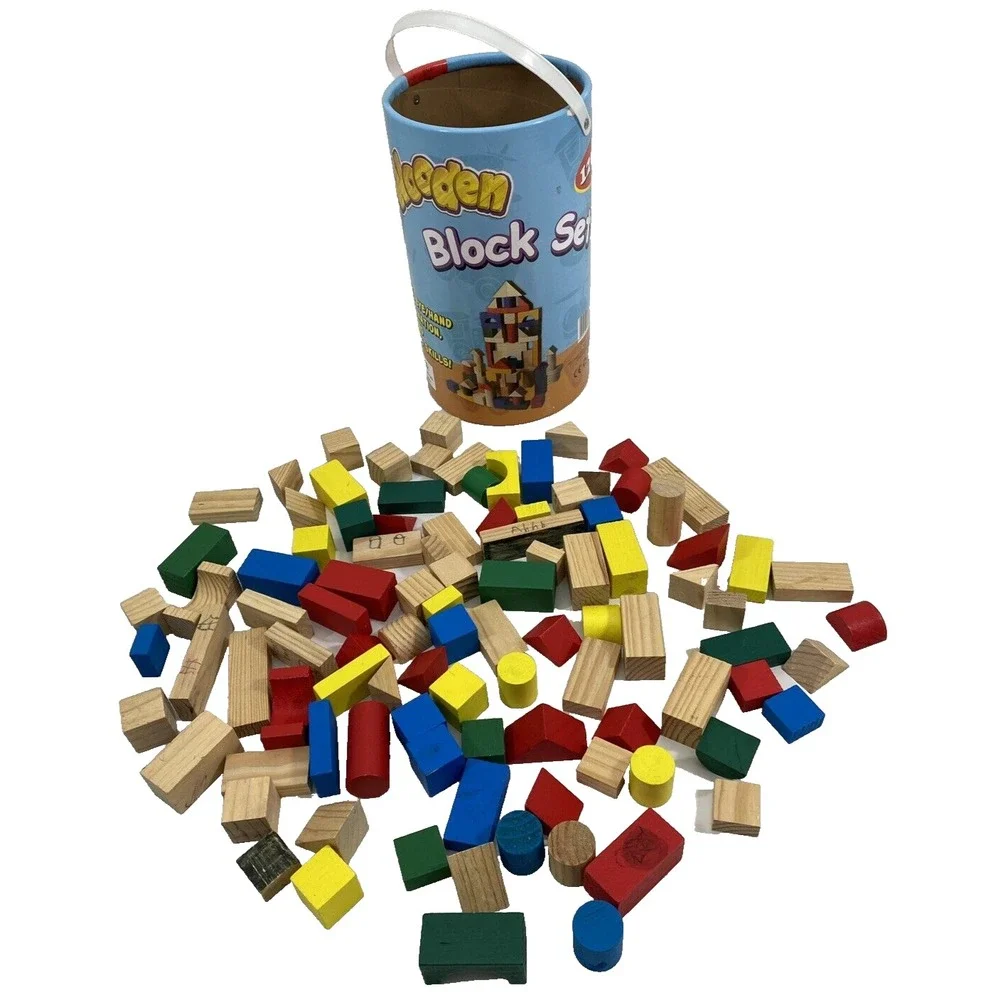 Wooden Building Blocks Set of 100 Various Colors and Shapes and Storage Canister